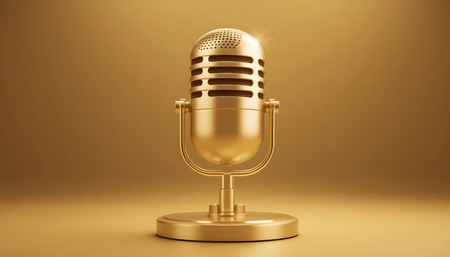Classic golden microphone on a dark studio background  perfect for audio branding, podcast visuals, music production, and vintage broadcasting themed illustrations