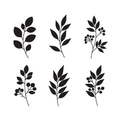 Six Black Silhouettes of Simple Botanical Branches with Leaves and Berries Set on White Background Minimalist Floral Design Elements