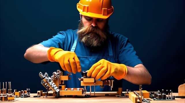 A construction worker in a hard hat and gloves assembles small mechanical parts on a workbench.