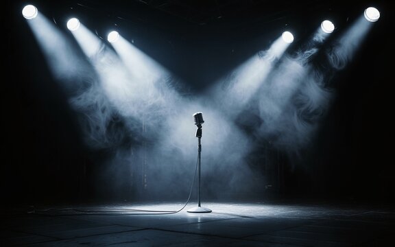 Scene, Single Microphone on Stage with Dramatic Lighting and Smoke
