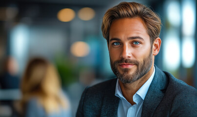 Fototapeta premium Confident young businessman with beard and blue eyes wearing suit and white shirt sitting indoors with blurred background in modern office environment