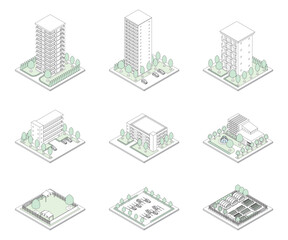 建物の立体的なイラスト. アイソメトリック画法. 線画.