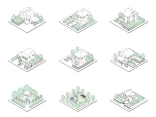 建物の立体的なイラスト. アイソメトリック画法. 線画.