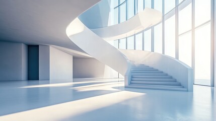 Obraz premium Modern, minimalist interior with sweeping staircase and large windows