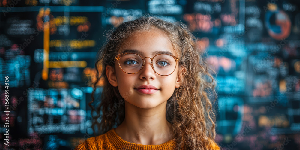 Poster confident young girl with glasses standing in front of chalkboard covered in colorful mathematical e