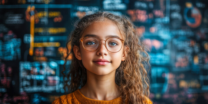 Confident young girl with glasses standing in front of chalkboard covered in colorful mathematical equations and diagrams in classroom setting