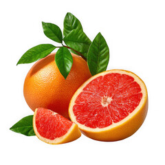 Vibrant red grapefruit halves and whole fruit with green leaves isolated on transparent background