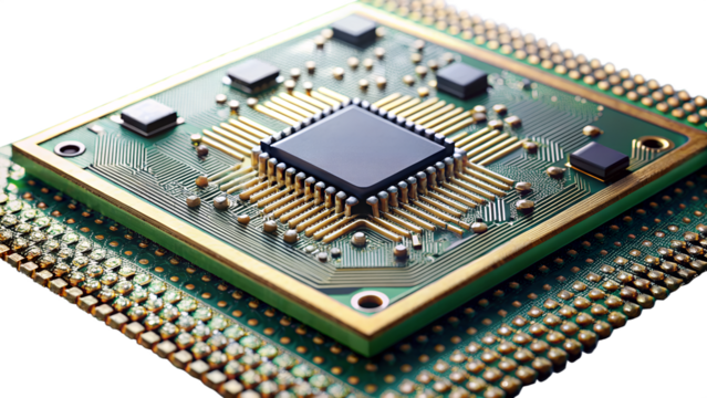 A closeup view of a green and gold microchip, isolated on transparent background, showcasing its intricate circuitry and technological detail