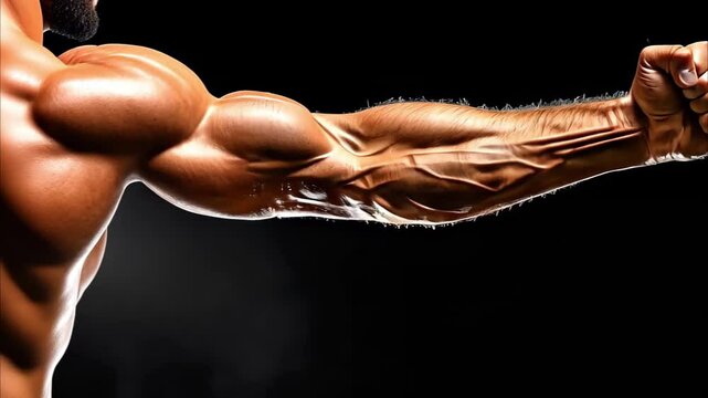 A close-up of a muscular forearm with visible veins, showcasing strength and definition against a dark background.