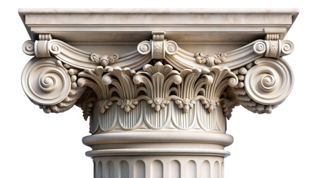 A detailed closeup of an intricately carved classical column capital, isolated on transparent background