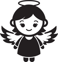 Cute cartoon angel with wings and halo silhouette isolated on white background