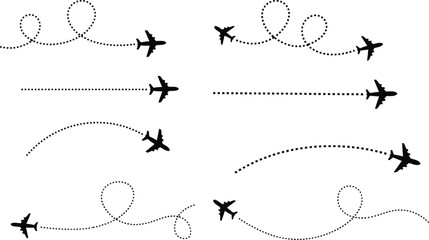 Artistic rendering of aircraft following routes with dotted lines, great for aviation themed designs highlighting travel destinations and airplane illustration for creative designs.