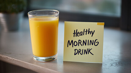 Healthy morning drink concept showing orange juice with sticky note on glass suggesting fresh start wellness and nutritious lifestyle for active day motivation