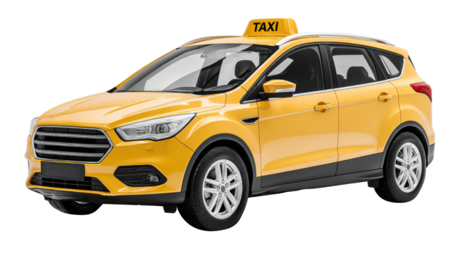 Modern yellow taxi cab car on a white background.