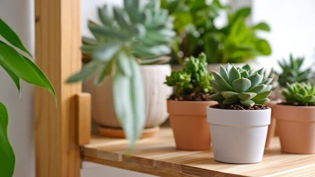 Succulents in various small terracotta and white pots on a wooden shelf