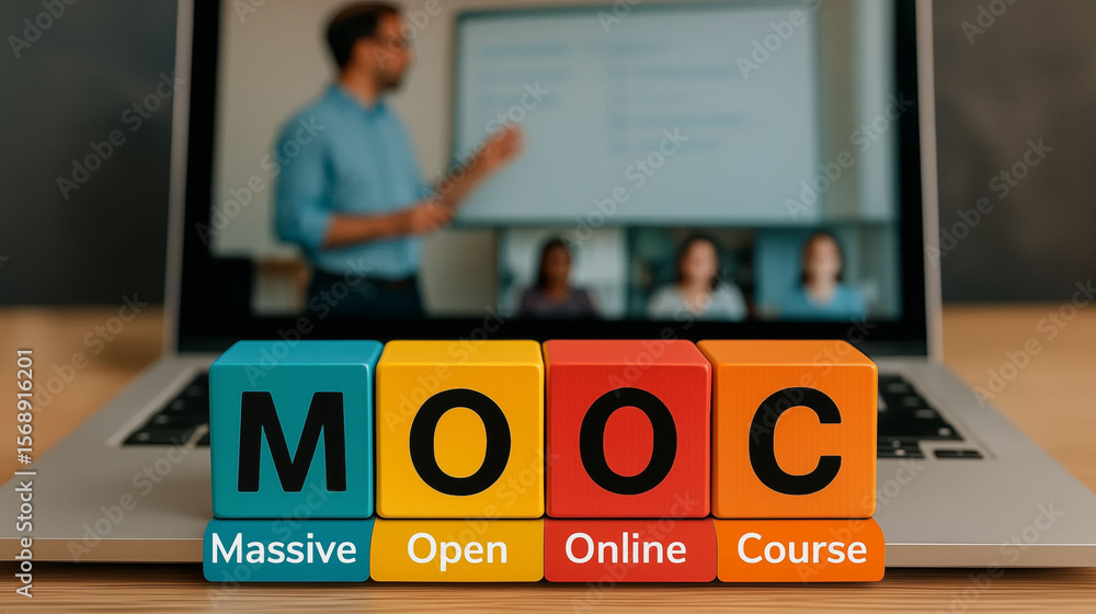 Aufkleber online learning concept with mooc block letters placed in front of laptop showing teacher presentati