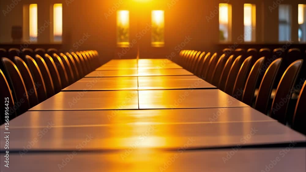 Poster a long table with empty chairs, illuminated by warm sunlight streaming through windows.