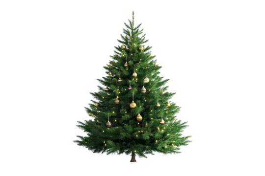Christmas tree with ornaments displayed on a plain white background, highlighting festive decorations and natural green foliage suitable for holiday celebrations
