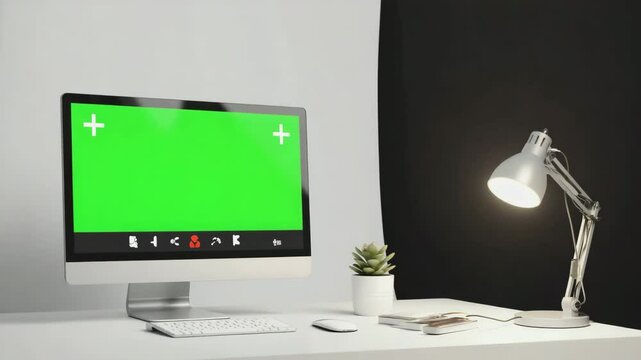Remote video call monitor showing chroma screen (#00FF00) with plant, lamp, and desk objects surrounding, 4K, isolated on white background

