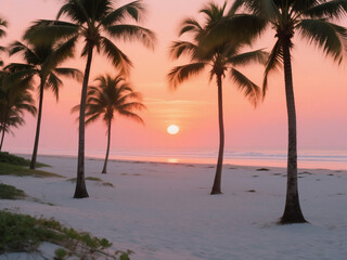 A serene tropical scene featuring the sun setting behind palm trees on a pristine white sand beach with gentle waves and a pink sky. Ideal for travel editorials, tropical wallpapers