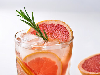 A grapefruit soda in a glass with ice and rosemary sprig, shot over white.