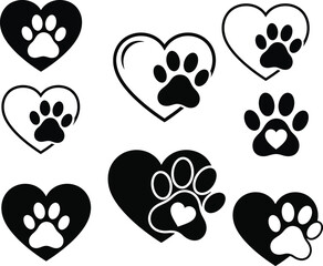Adorable dog paw prints inside heart shapes in black and white create a charming pet theme for animal lovers with various vector art designs.