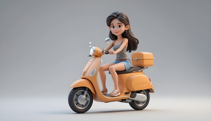 Cool female cartoon character on orange retro scooter with  confident smile ideal for lifestyle design, animation, and summer adventure visuals