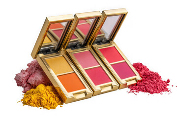 Three luxurious gold compacts of vibrant blush and highlighter makeup isolated on transparent background