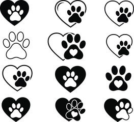 Pet love is displayed in this collection of adorable paw print hearts, perfect for expressing affection for animals and celebrating the bond with our furry friends.