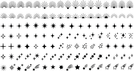 Collection of minimalist vector graphics displays elements of celestial bodies in starbursts, shooting stars, constellations, and classic star shapes in black and white.
