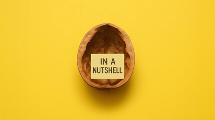 in a nutshell text placed inside walnut shell symbolizing simplified explanation business summary and concise ideas