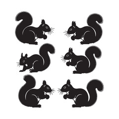 Six Black Squirrel Silhouettes Arranged in Pairs on White Background A Collection of Simple Animal Vector Graphics Perfect for Nature Themed Designs or Wildlife