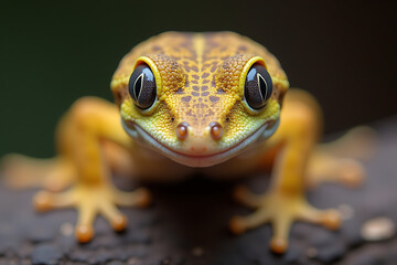 Yellow Frog with Large Eyes on Dark Surface

