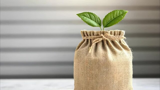 A burlap bag with a small plant sprouting from the top, symbolizing growth and sustainability.