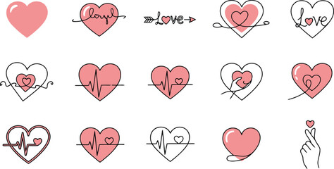 Various heart illustrations presented in a minimal style, expressing love and featuring designs with electrocardiogram lines, arrows, and a hand doing a heart gesture.