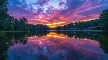 Serene lake sunset reflected in still water