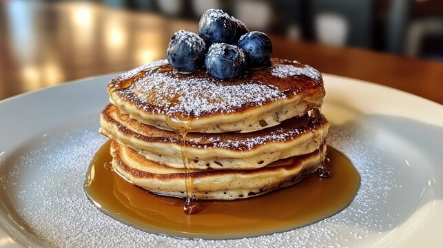 Stacked pancakes topped with blueberries and syrup (1)