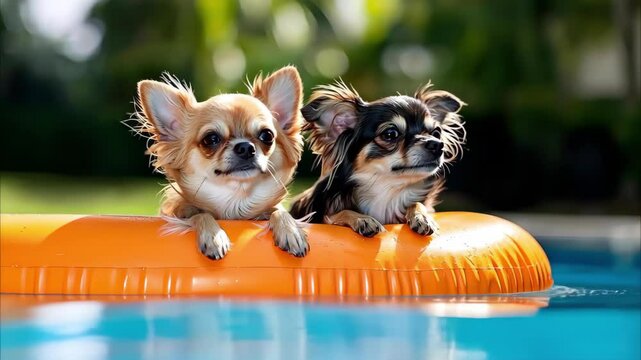 Two Chihuahuas resting on an orange float in a swimming pool, enjoying a sunny day.