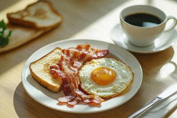 Homemade American breakfast. Fried eggs with bacon and toast, a cup of coffee, a knife and knife on a wooden table. Healthy breakfast. The concept of healthy eating. Morning Sunlight