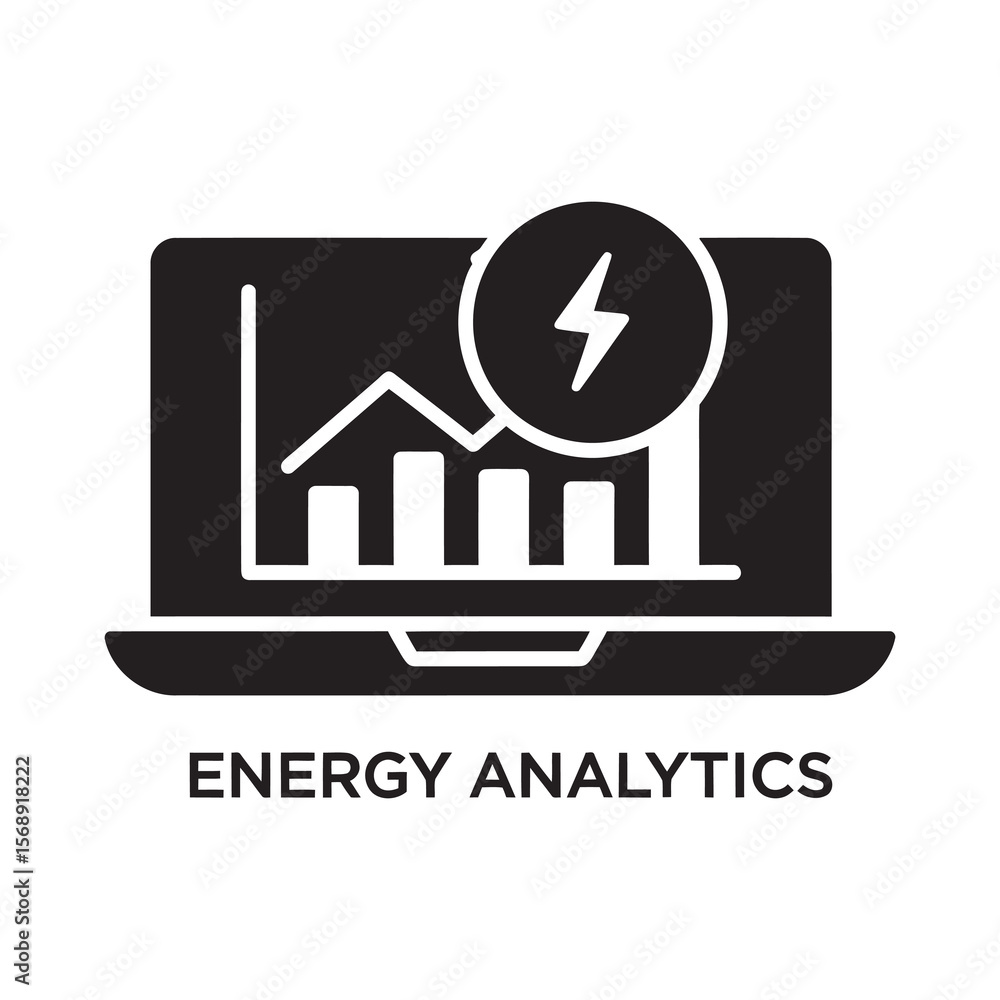 Poster energy analytics icon with laptop showing power consumption chart for data monitoring and smart elec