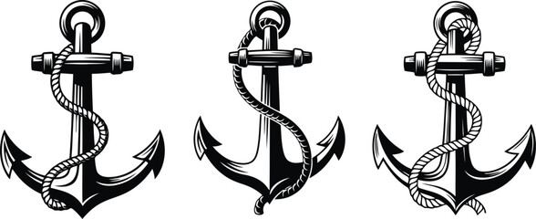 Nautical anchors are featured in a monochrome vector art design with a classic marine style, perfect for seafaring themes and maritime illustrations