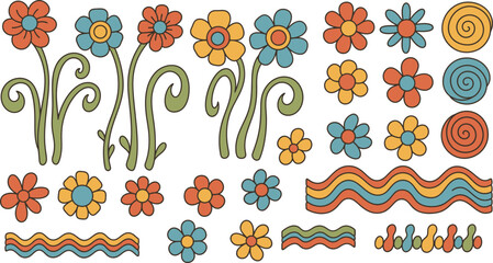 A vintage vibe blooms with these retro flower power designs in a seamless pattern, perfect for creating groovy textiles, wallpapers, and unique seventies inspired decorations.