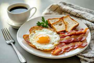 Homemade American breakfast. Fried eggs with bacon and toast, a cup of coffee and a fork on a white table. Healthy breakfast. The concept of healthy eating. Morning sunlight