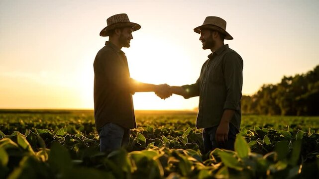 Two men in straw hats shaking hands in a soybean field at sunset