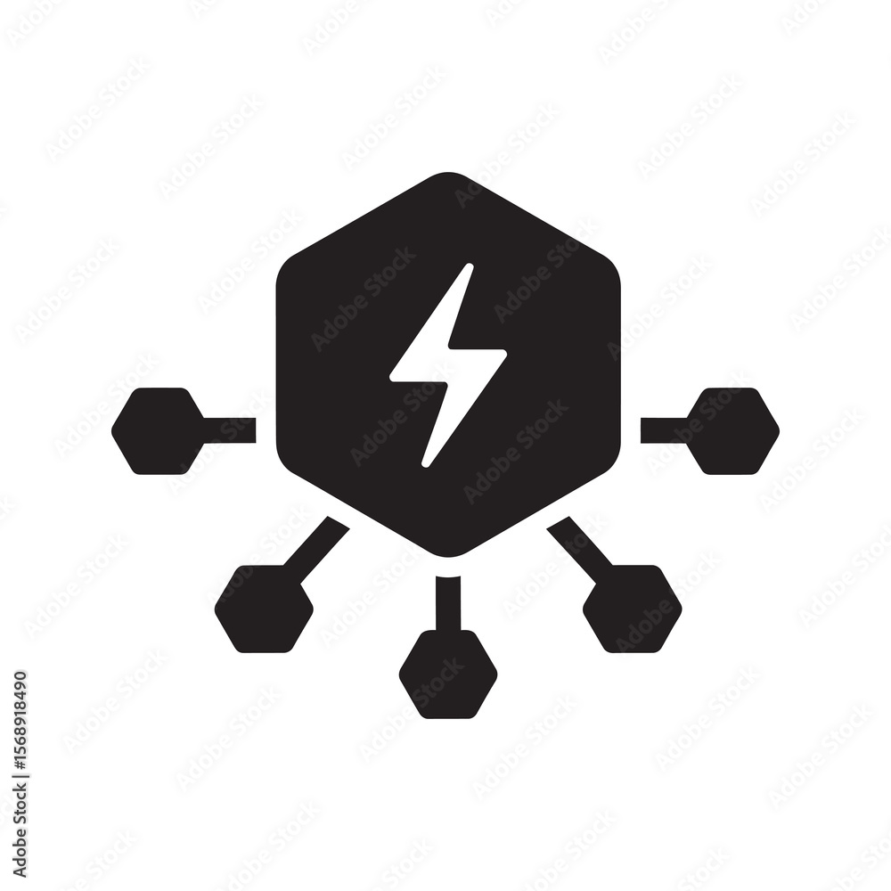 Aufkleber power grid network icon with lightning bolt in hexagon hub connected to distribution nodes represent