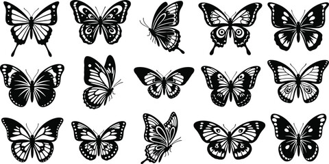Graceful monochrome butterflies showcase delicate designs, ideal for artistic projects and beautiful nature themes, featuring varied wing shapes and styles in a seamless butterfly pattern.