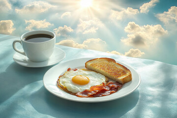 Hearty American breakfast. Scrambled eggs with bacon and toast and a cup of coffee on a turquoise table. Against the background of clouds and the sun. Healthy breakfast. Healthy eating. Sunlight