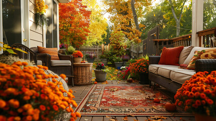Cozy outdoor patio setting with fall foliage, mums, pillows, and rug creates an inviting autumn scene.
