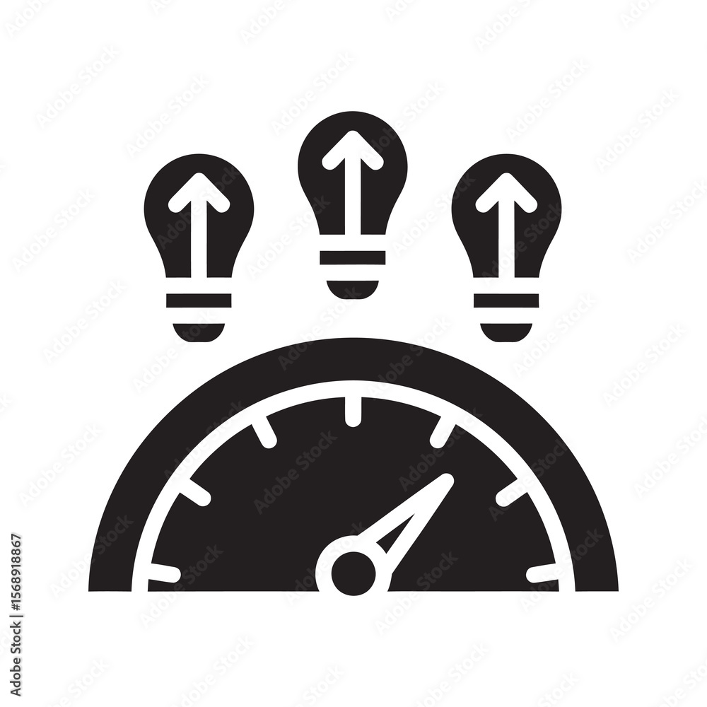 Poster energy efficiency meter icon with gauge and lightbulbs representing power consumption level and perf