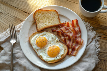 Homemade American breakfast. Fried eggs with bacon and toast, a cup of coffee, a knife and fork on a wooden table. Healthy breakfast. The concept of healthy eating. Morning Sunlight. Top view